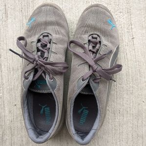Grey Suede Puma Etoile Shoes with Teal Accents